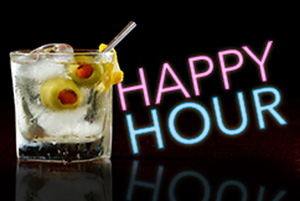 Hops Pub Happy Hour Banner with a cocktail by a neon sign